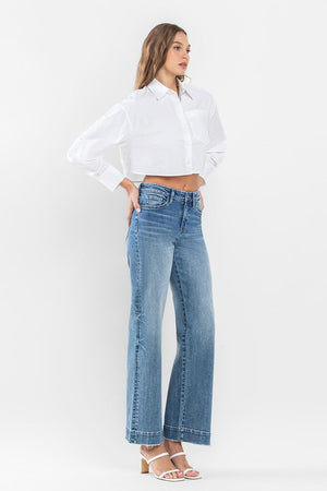 High Rise Wide Leg Jeans with Trouser Hem Detail