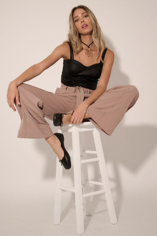Solid Double Belt Zip Up Fly Wide Leg Pants - Taupe