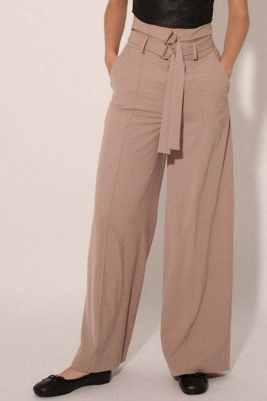 Solid Double Belt Zip Up Fly Wide Leg Pants - Taupe