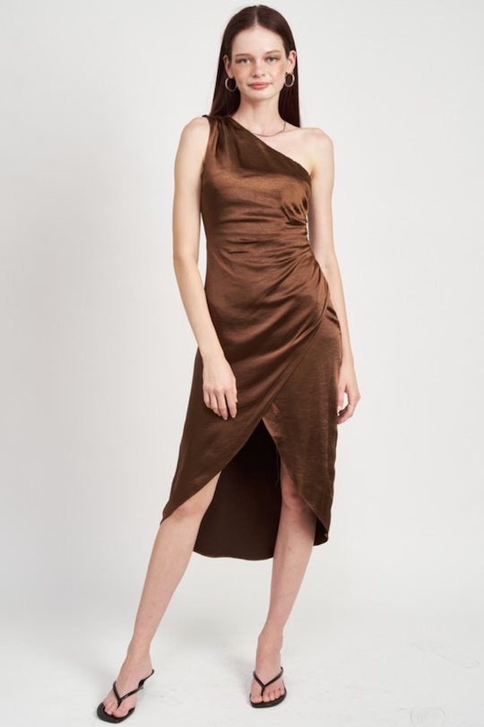 One Shoulder Wrapped Satin Midi Dress - Brown