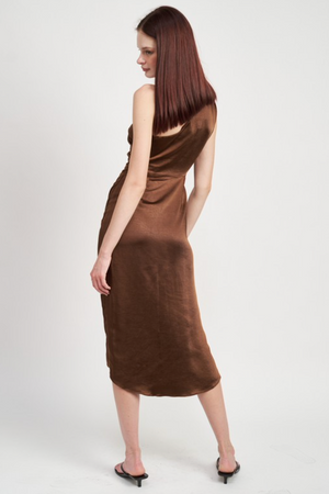 One Shoulder Wrapped Satin Midi Dress - Brown