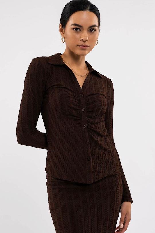 Shirred Button Up Top - Brown