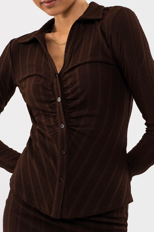 Shirred Button Up Top - Brown