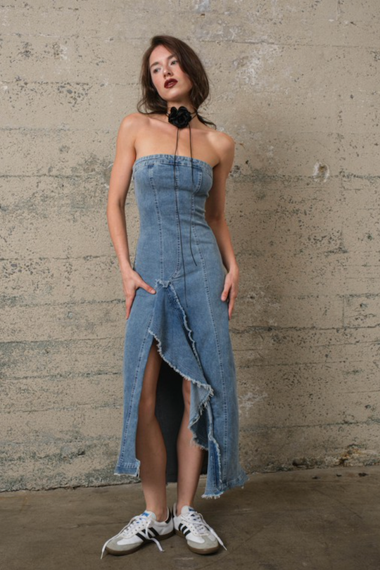 Ruffle Tube Denim Maxi Dress - Medium Denim