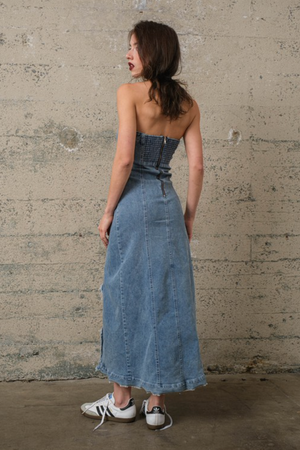 Ruffle Tube Denim Maxi Dress - Medium Denim