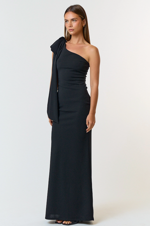 One shoulder Bow Tie Maxi Dress - Black