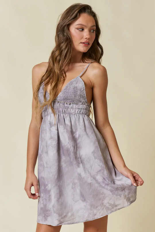 Tie Dye Smocking Mini Dress - Grey