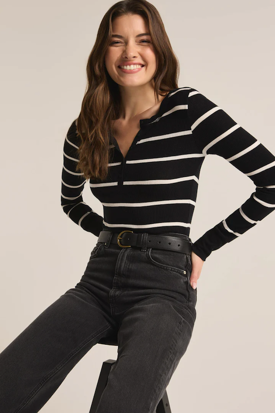 Stripe Henley Top - Black