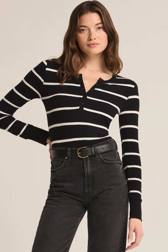 Stripe Henley Top - Black