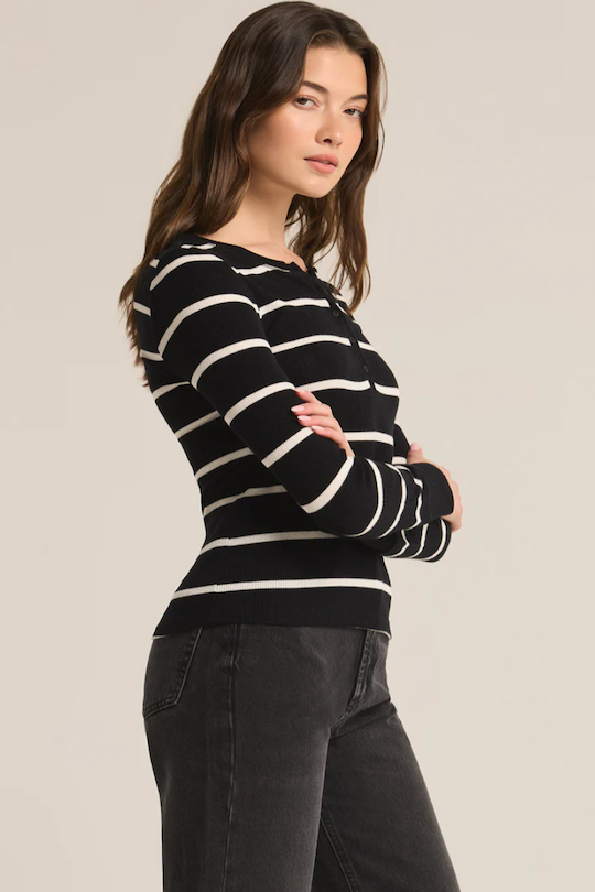 Stripe Henley Top - Black