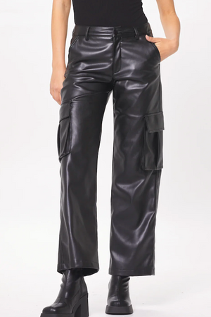 Faux Leather Cargo Pants - Black/Gravel