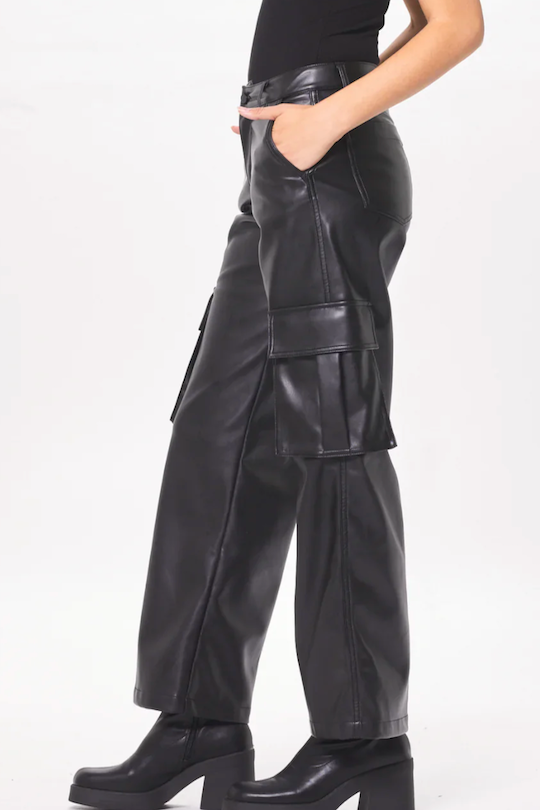 Faux Leather Cargo Pants - Black/Gravel