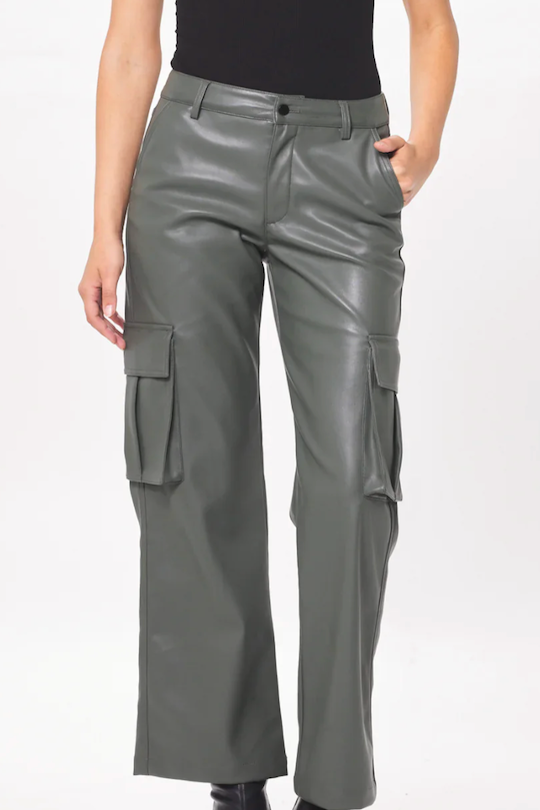 Faux Leather Cargo Pants - Black/Gravel