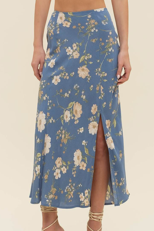 Floral High Waist Skirt - Dusty Blue