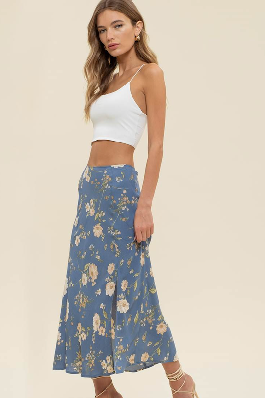 Floral High Waist Skirt - Dusty Blue