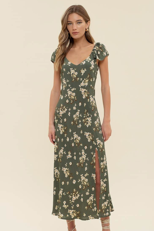 Floral V- Neck Dress - Hunter Green