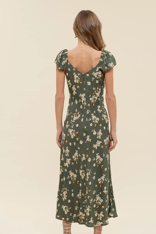 Floral V- Neck Dress - Hunter Green