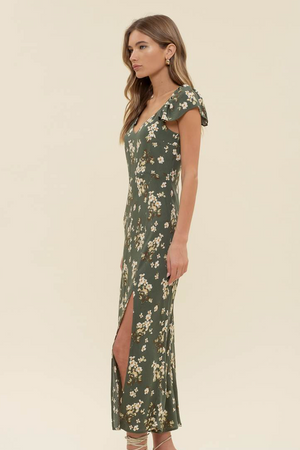 Floral V- Neck Dress - Hunter Green