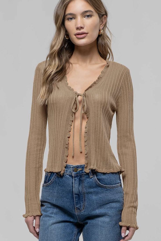 Front Tie Knit Sheer Top - Light Taupe