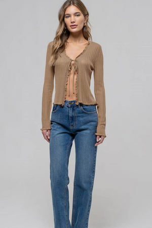 Front Tie Knit Sheer Top - Light Taupe