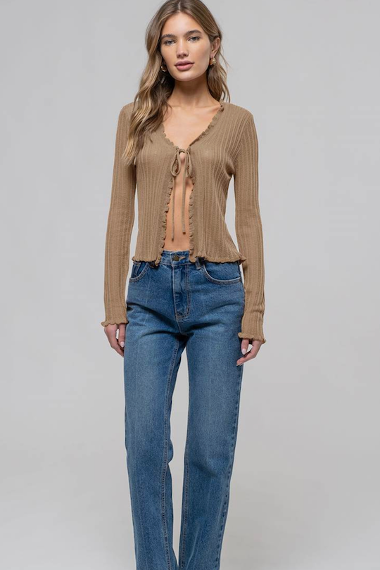 Front Tie Knit Sheer Top - Light Taupe