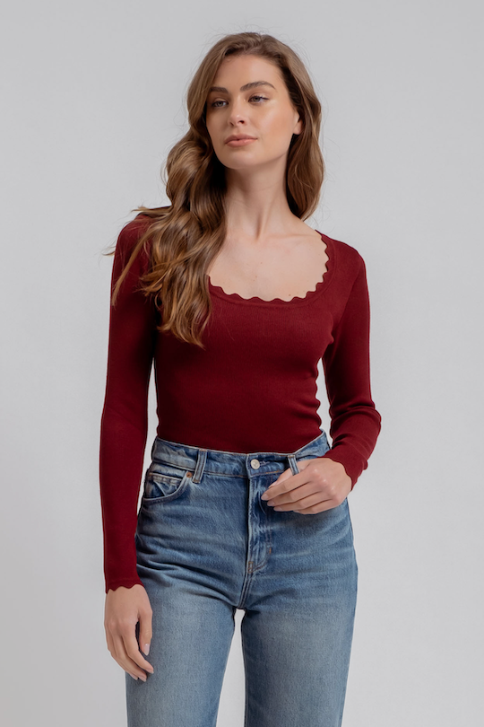 Scallop Trim Long Sleeve - Oxblood/Oatmeal