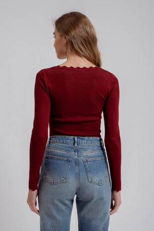 Scallop Trim Long Sleeve - Oxblood/Oatmeal