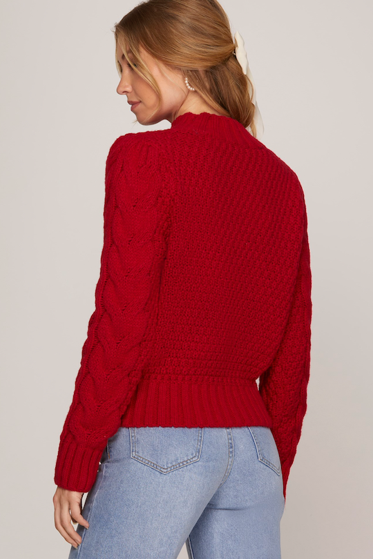 Mock Neck Sweater Top - Red/Navy