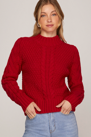 Mock Neck Sweater Top - Red/Navy