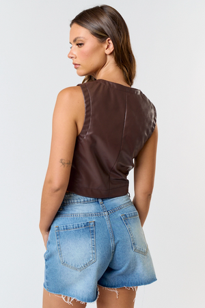 Button Down Faux leather Vest - Dark Brown