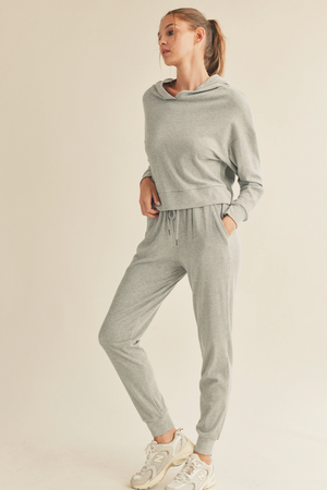 Brushed Rib Crop Hoodie - Grey