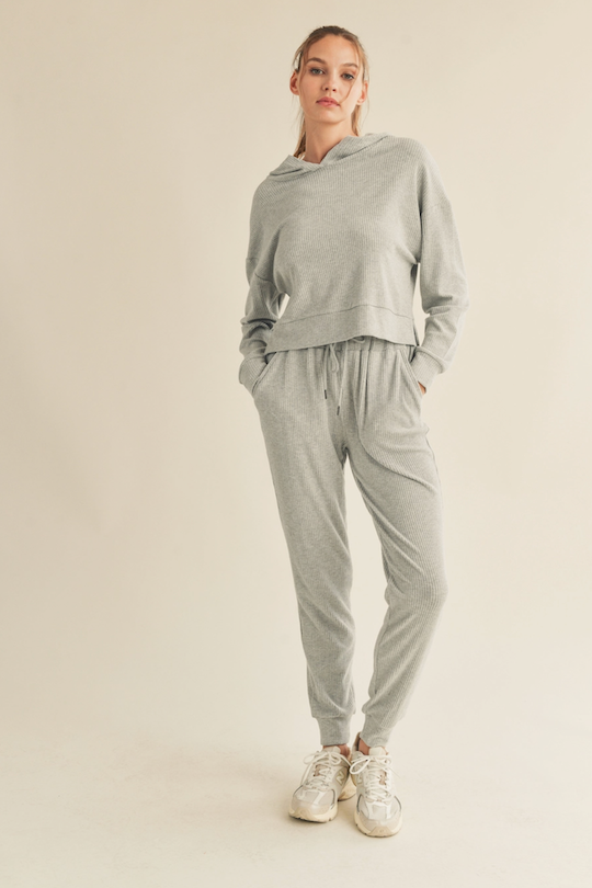 Brushed Rib Crop Hoodie - Grey